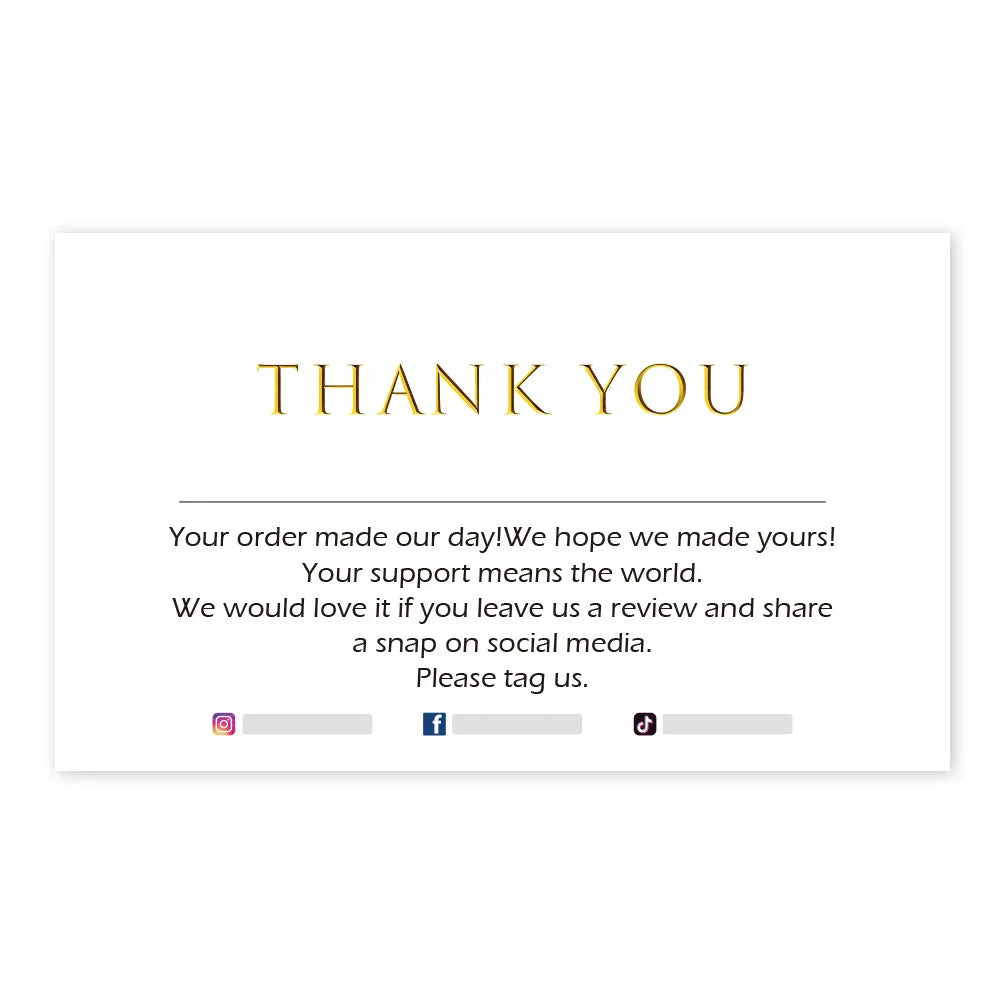 A thank you message card with the text THANK YOU and prompts to leave a review and share on social media.