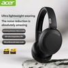 A black pair of over-ear headphones resting on a textured surface, with text highlighting features like lightweight design an
