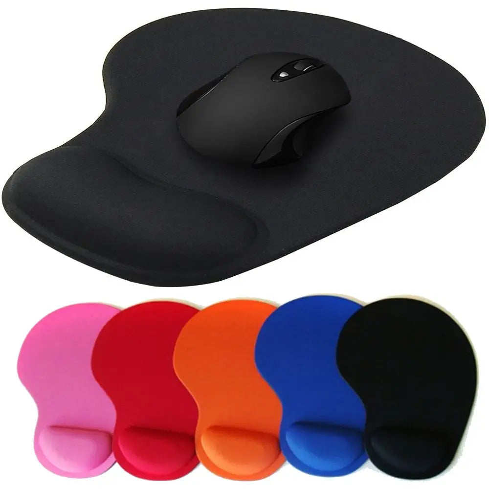A set of colorful ergonomic mouse pads featuring pink, red, orange, blue, and black designs.