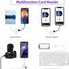 Dispositivo multifunción lector de tarjetas con varios adaptadores para conectar un iPad, una cámara y un teléfono.