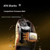 Nahaufnahme einer ATK Sharks Gaming-Maus mit metallischem Finish und leuchtend-orangefarbenen Akzenten.