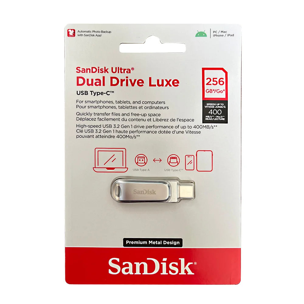 Sandisk Dual Drive Luxe USB Type-C flash drive in a white packaging box.