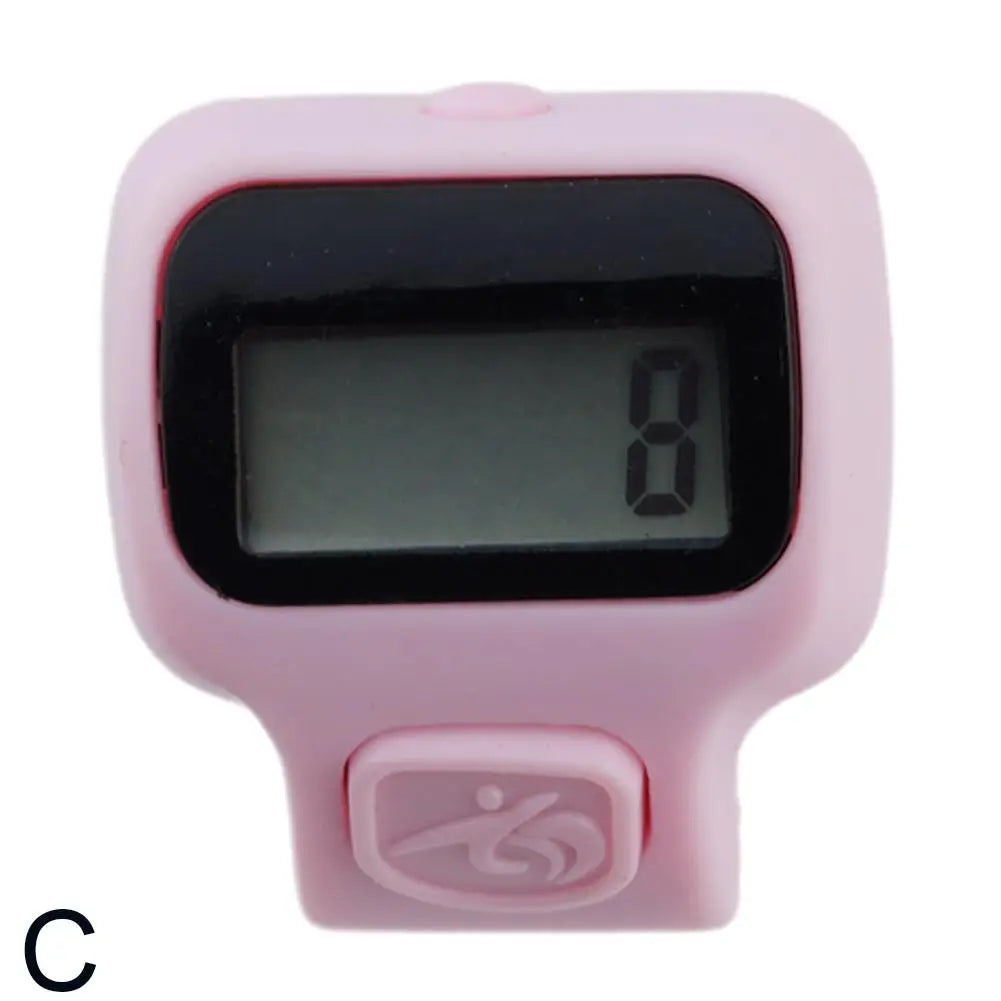 A pink digital counter device with a black screen displaying the number eight.