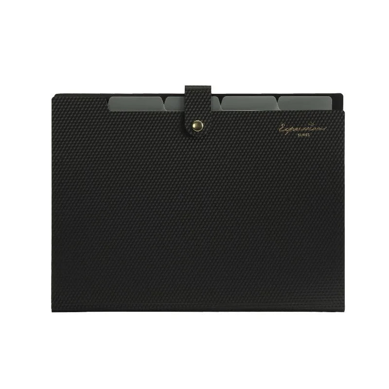 Black A4 document accordion folder with a snap button closure.