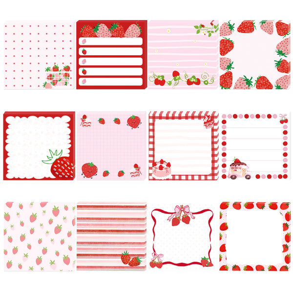 A set of pink and red strawberry-themed self-stick memo notes and decorative layouts.
