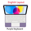 Un clavier magnétique flottant violet avec disposition anglaise sur un iPad.