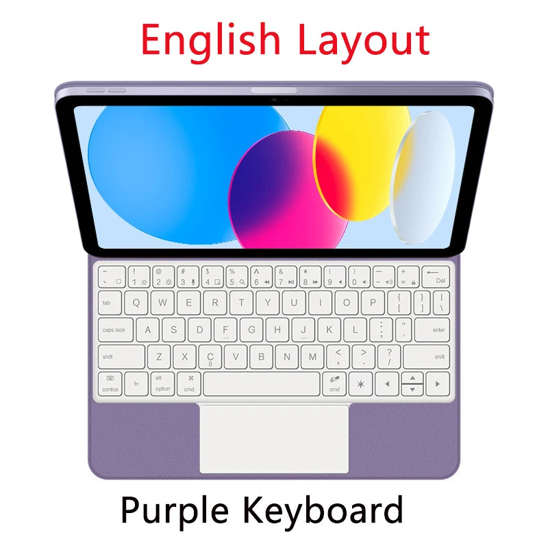 Un clavier magnétique flottant violet avec disposition anglaise sur un iPad.