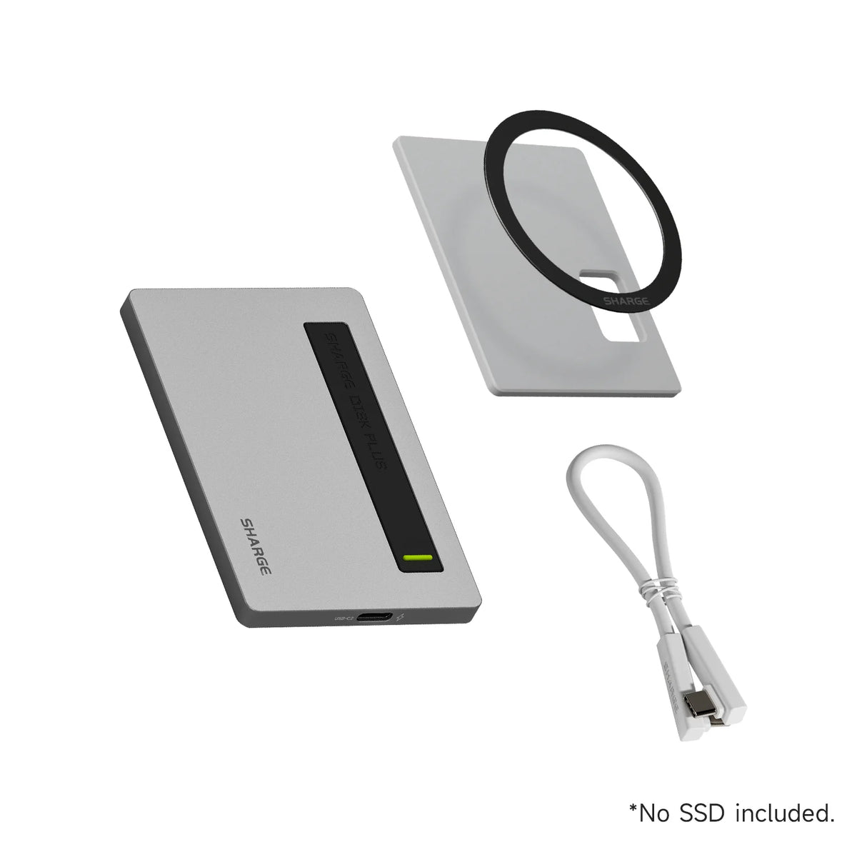 Portables NVMe SSD-Gehäuse mit silber-grauer Hülle und schwarzem Kabel