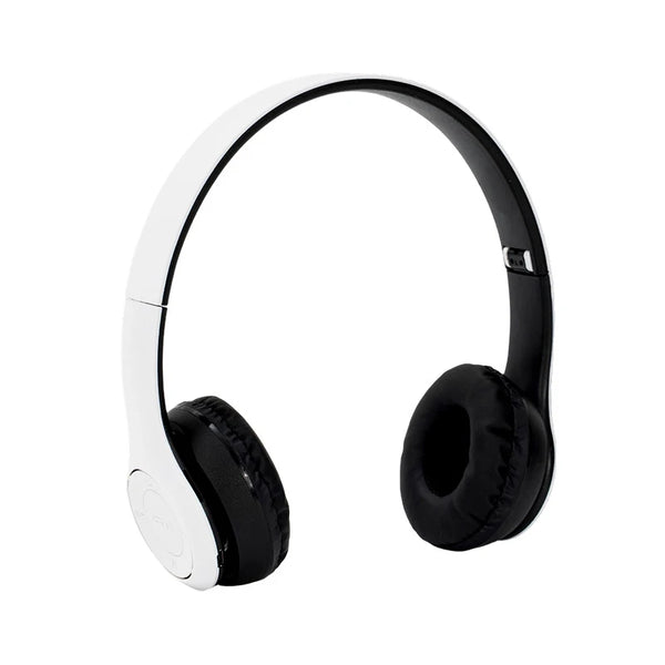 A pair of white over-ear headphones with black earcups and a headband shown against a white background.