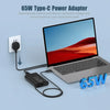 Adaptador de corriente USB-C de 65W conectado a una laptop, demostrando su uso para cargar.