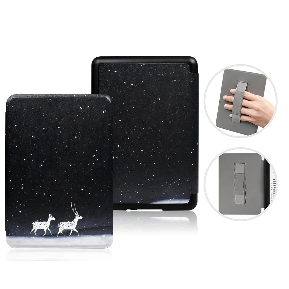 A black premium leather case for a Kindle Paperwhite, shown in various angles and with a hand demonstrating its fit.