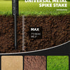 A universal metal spike stake is shown inserted into dark soil, with options for sand, mud, and grass visible below.