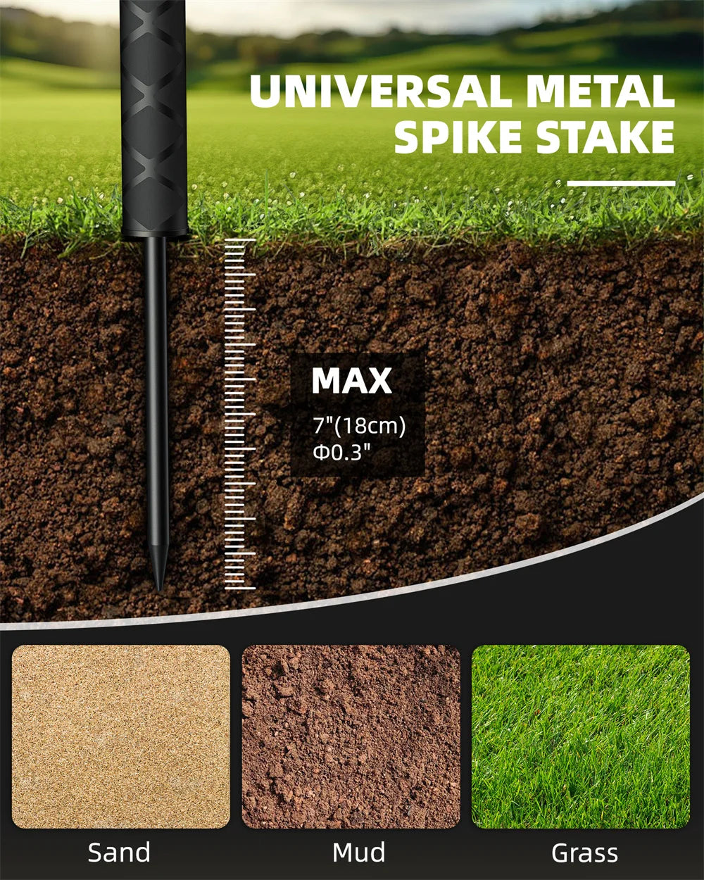 A universal metal spike stake is shown inserted into dark soil, with options for sand, mud, and grass visible below.