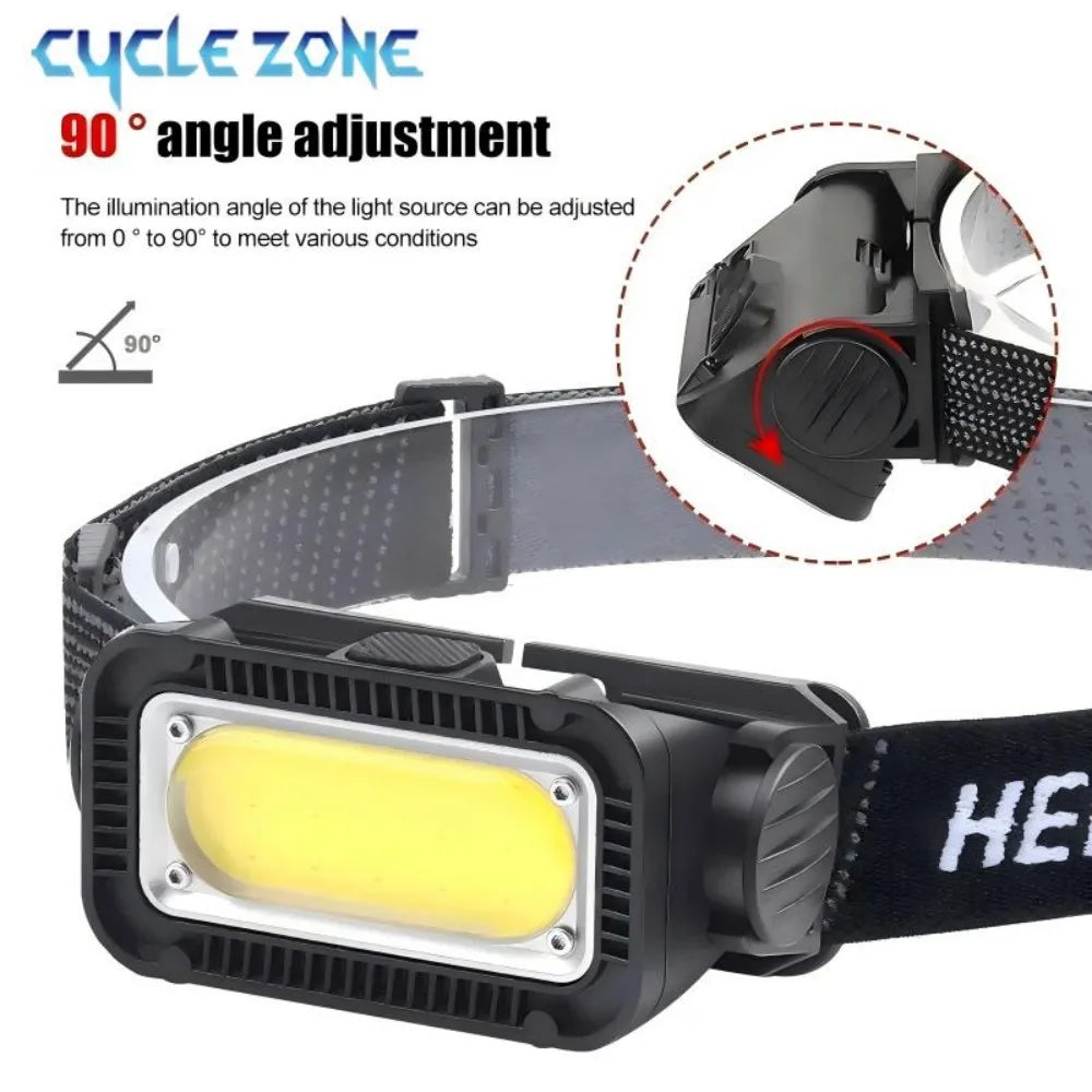 Black LED headlamp with a yellow light source and adjustable angle feature