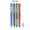 A set of four retractable gel pens in blue, black, green, and red colors with a clear cap.