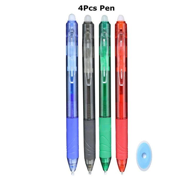 A set of four retractable gel pens in blue, black, green, and red colors with a clear cap.
