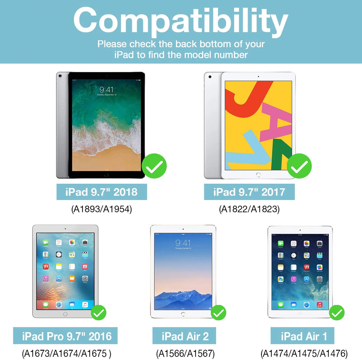 Compatibility chart showing compatible iPad models for a 9.7-inch screen protector.