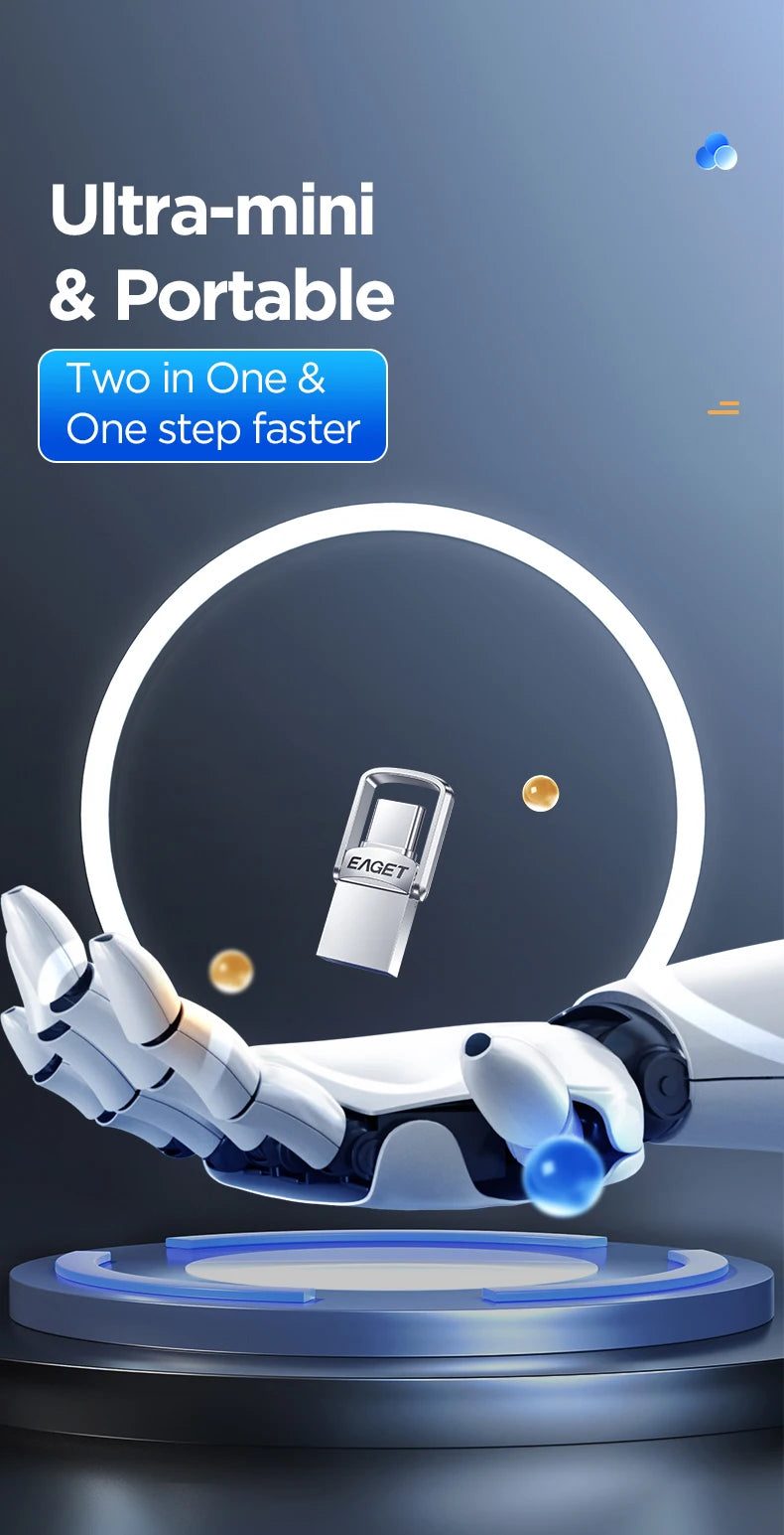 A close-up of a white portable device with a metal body is shown being held by a robotic hand against a glowing circular back