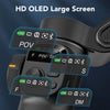A close-up view of an HD OLED large screen on a portable smartphone gimbal stabilizer with various control buttons.