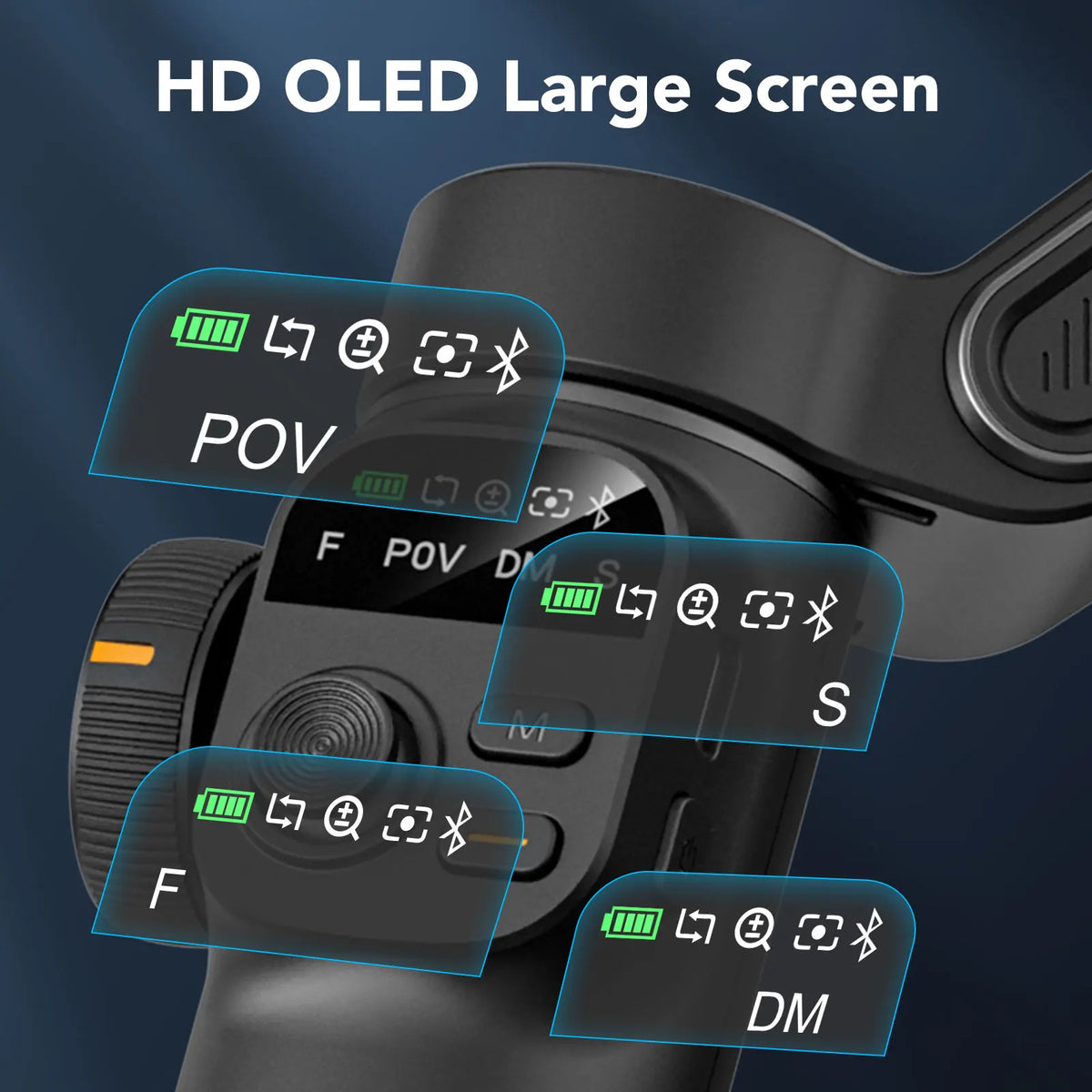 A close-up view of an HD OLED large screen on a portable smartphone gimbal stabilizer with various control buttons.
