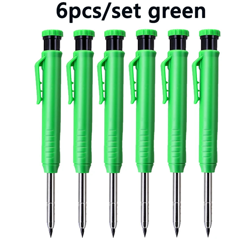 A set of six green precision mechanical drawing pencils.