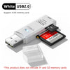 White USB 2.0 SDXC memory card reader with an exceria card and a clear plastic case.