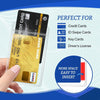 A hand holds a yellow credit card inside a clear plastic ID card holder sleeve with text indicating it is perfect for various