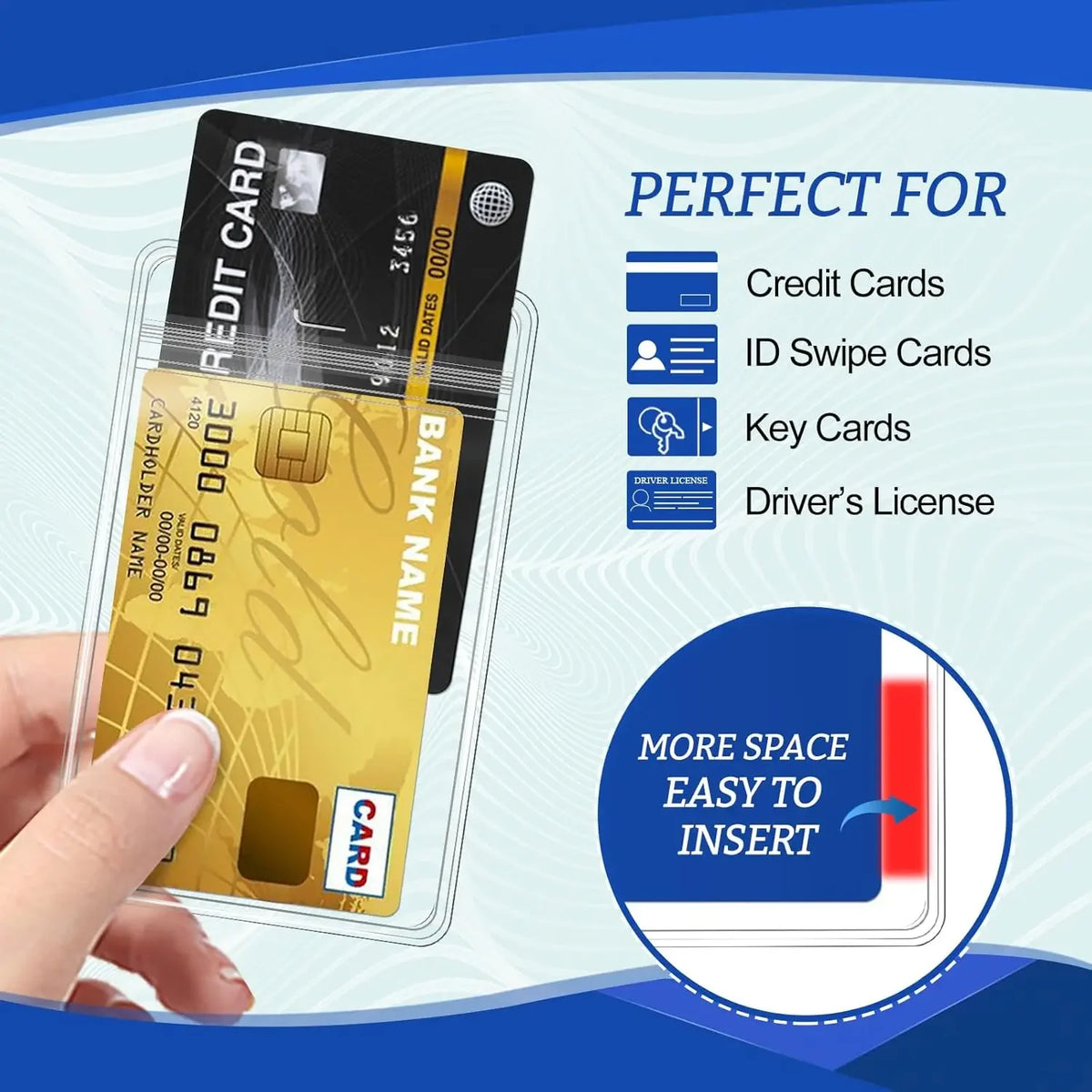 A hand holds a yellow credit card inside a clear plastic ID card holder sleeve with text indicating it is perfect for various