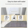 A runner rug is shown being cleaned with water, demonstrating easy cleaning methods like hand washing, flap vacuuming, and us