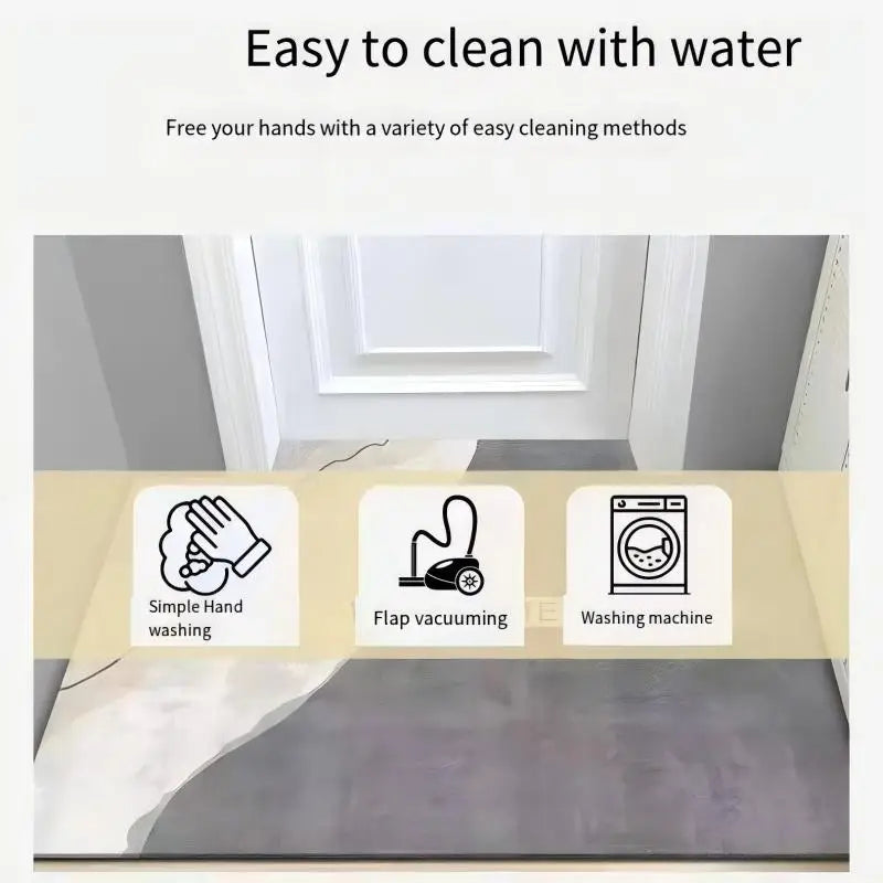 A runner rug is shown being cleaned with water, demonstrating easy cleaning methods like hand washing, flap vacuuming, and us