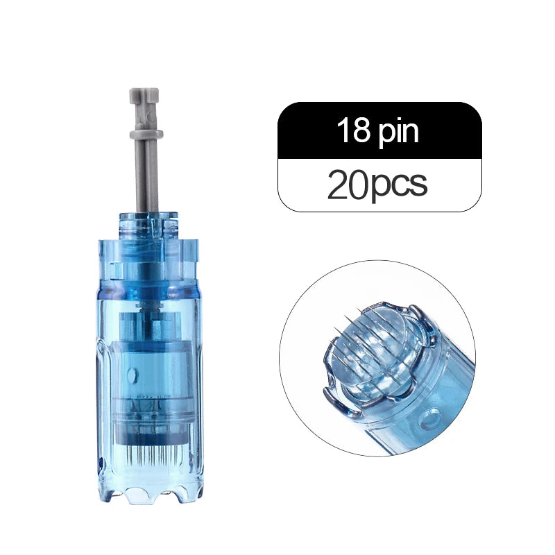 A clear blue Dr. Pen microneedling cartridge with a metal needle, shown next to packaging information.