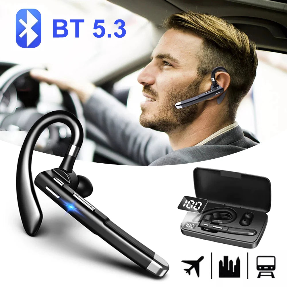 A pair of black wireless Bluetooth 5.3 earphones with a microphone shown next to a man in a car interior.