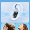 White AI Translation Bluetooth earbuds being used by a woman outdoors for sports or workouts.