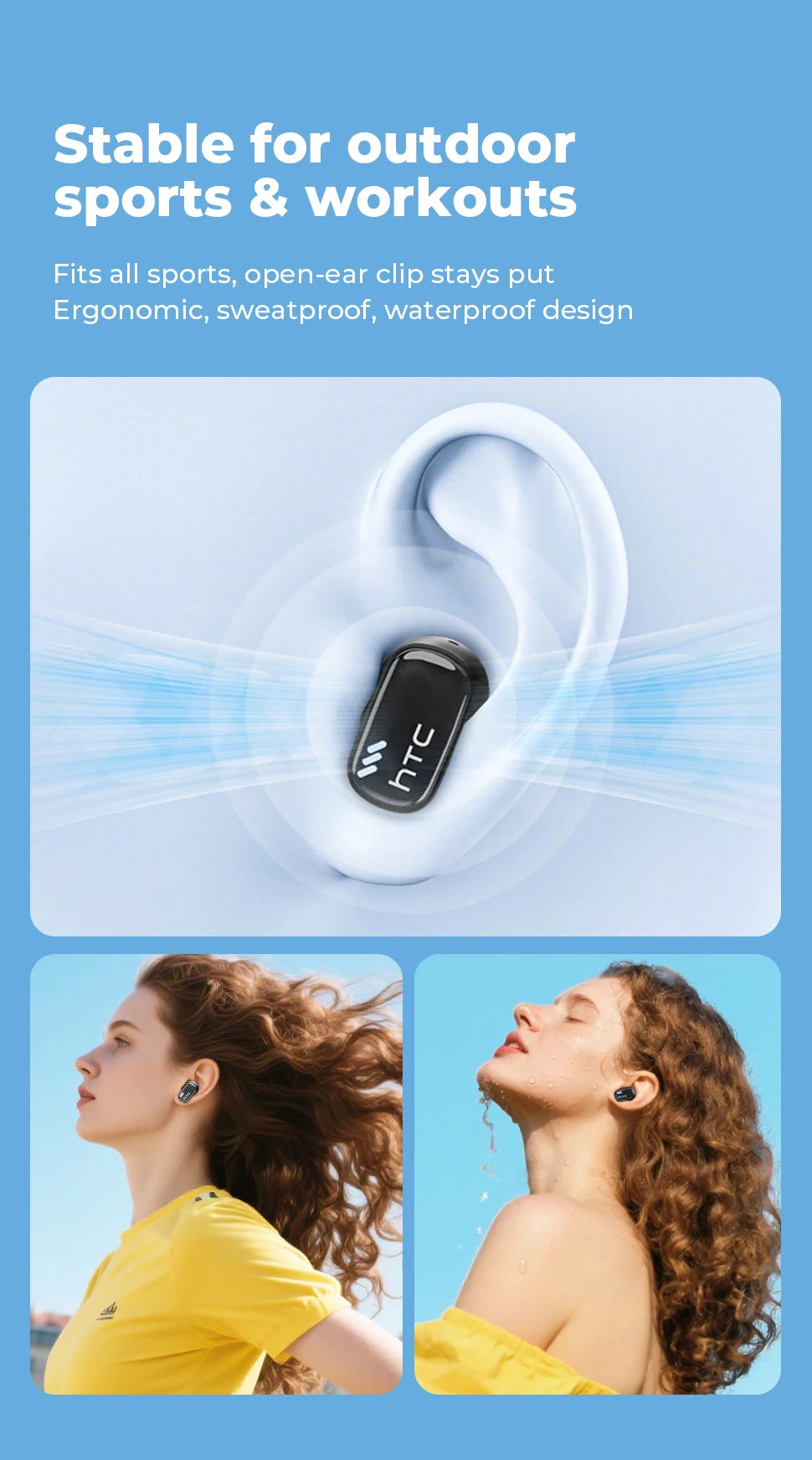 White AI Translation Bluetooth earbuds being used by a woman outdoors for sports or workouts.