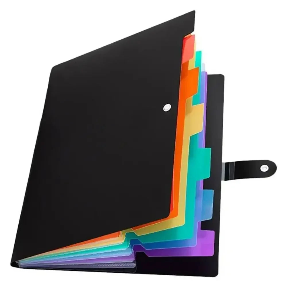A black document organizer bag with a colorful, multi-layered spine showing various shades of orange, green, blue, and purple