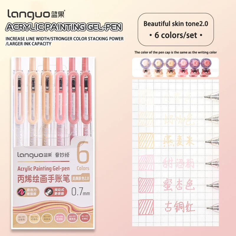 A set of six Languo Acrylic Painting Gel-pens with various colors and a grid for writing practice.