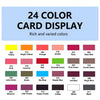 A display of 24 color card sets for a card display featuring various shades of yellow, orange, red, pink, green, and blue.