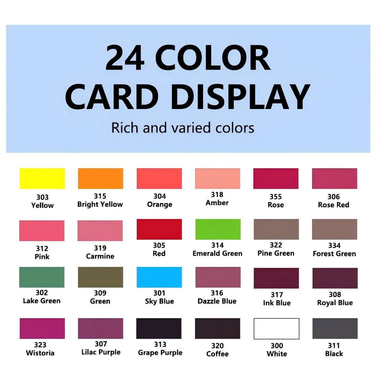 A display of 24 color card sets for a card display featuring various shades of yellow, orange, red, pink, green, and blue.