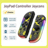 A pair of black and iridescent Joy-Con style controllers with yellow lightning bolt accents shown next to a checkbox list.