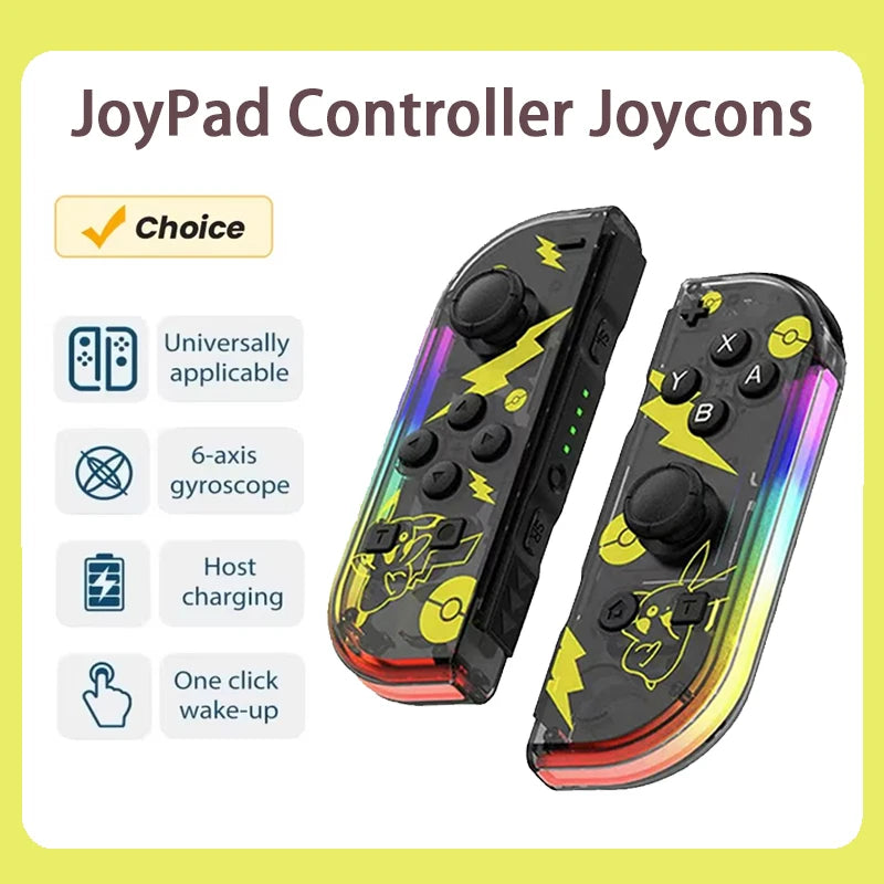 A pair of black and iridescent Joy-Con style controllers with yellow lightning bolt accents shown next to a checkbox list.