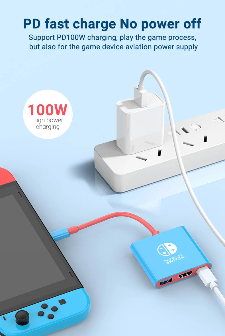 A close-up of a blue gaming device connected to a white power adapter and a blue USB-C hub for fast charging.