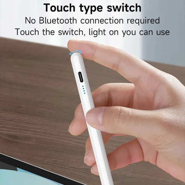 A hand is touching a white precision stylus pen for an Apple iPad, demonstrating its touch type switch feature.