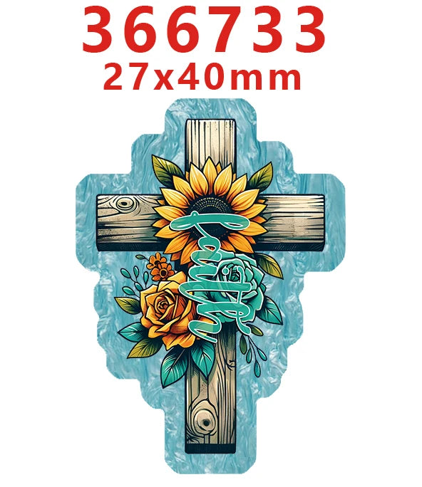 A wooden cross decorated with a sunflower and roses, set against a light blue background.