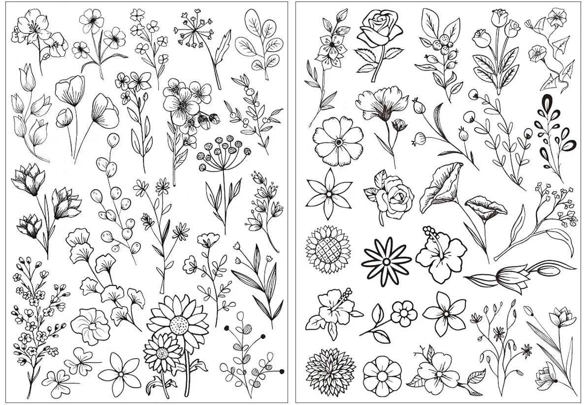 Black and white line drawings of various floral patterns for embroidery paper