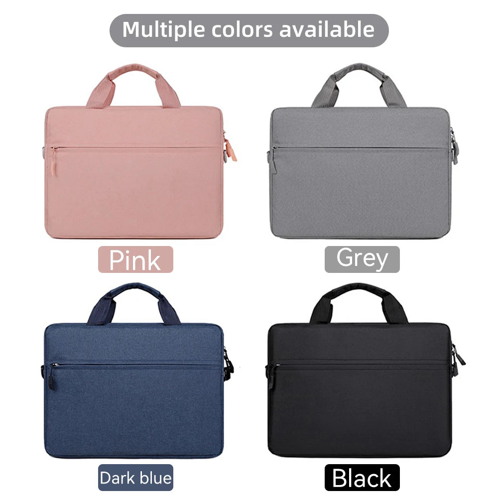 A set of four premium laptop sleeves in pink, grey, dark blue, and black with carrying handles.