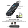 A black SDXC card reader with a USB 3.0 interface and TF socket, shown next to various memory cards.