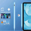 Pluma stylus capacitiva azul claro junto a una pantalla de smartphone e iconos de compatibilidad con teléfonos