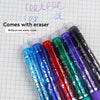 A set of six colorful erasable retractable gel pens with tips and caps laid out on a lined paper.