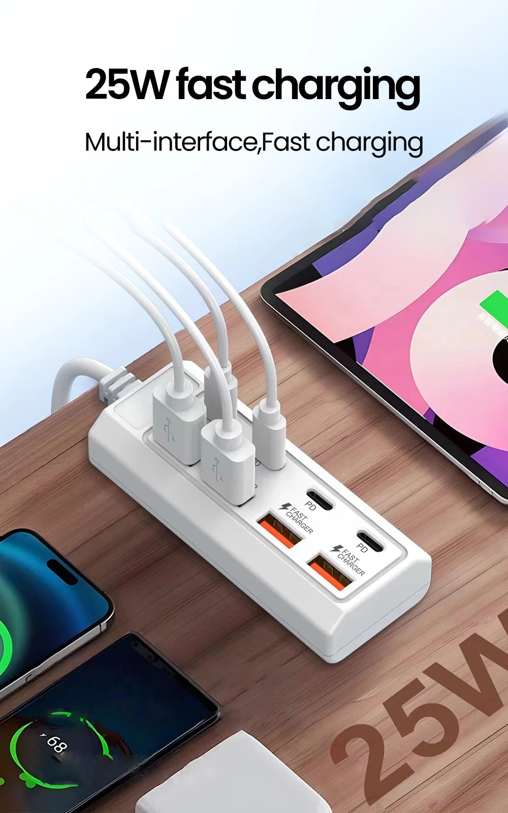 A white 8-in-1 USB wall outlet adapter for fast charging, featuring multiple ports and cables, shown on a wooden surface.