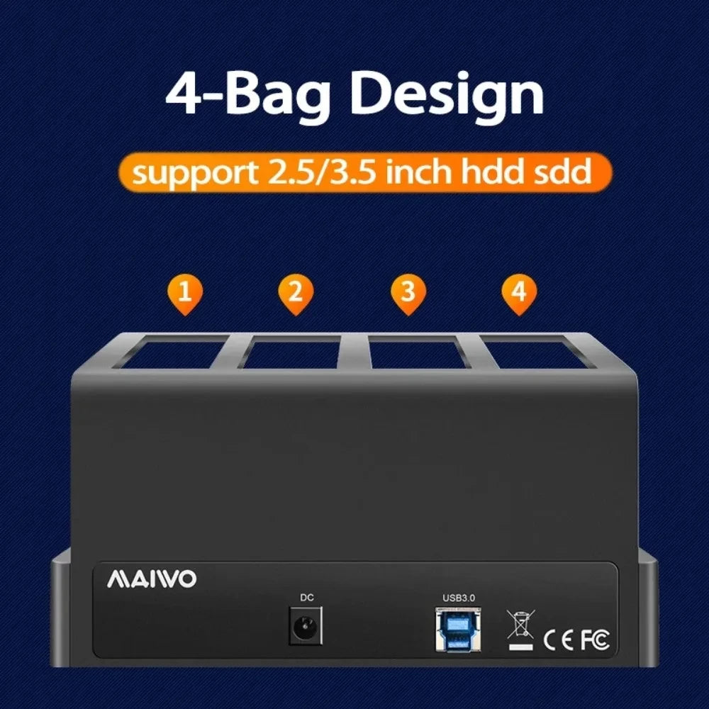 A MAIWO 4-Bag Design external hard drive docking station with four slots for 2.5/3.5 inch HDD SSDs.